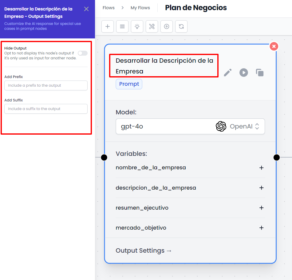 Configuración común en los nodos del flujo de IA