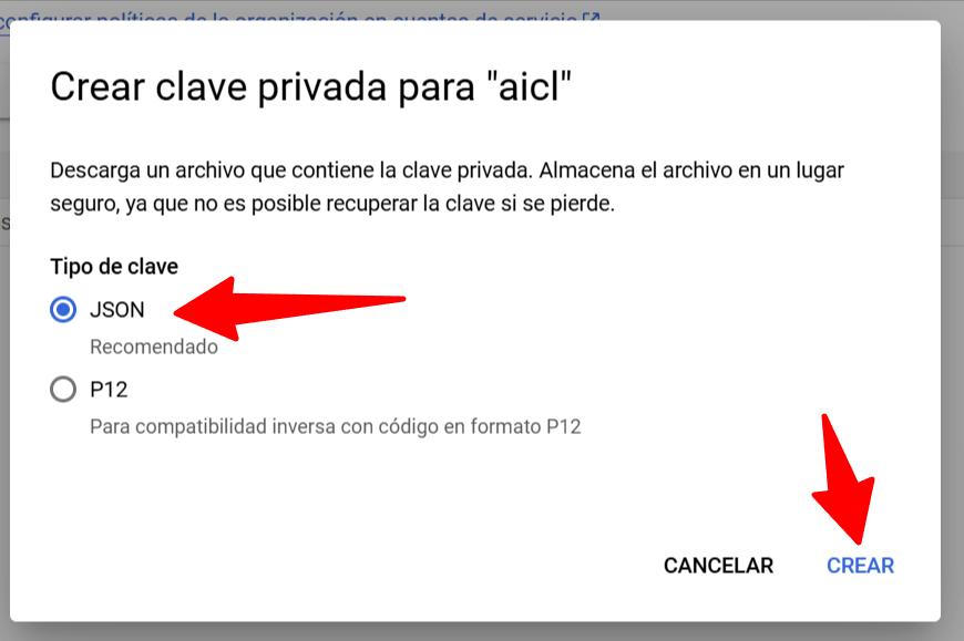 Pestaña de claves de la cuenta de servicio en Google Cloud Console