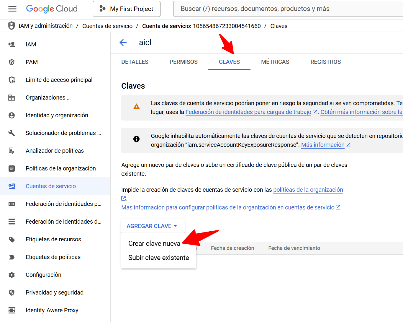 Cuenta de servicio en IAM y administración de Google Cloud Console