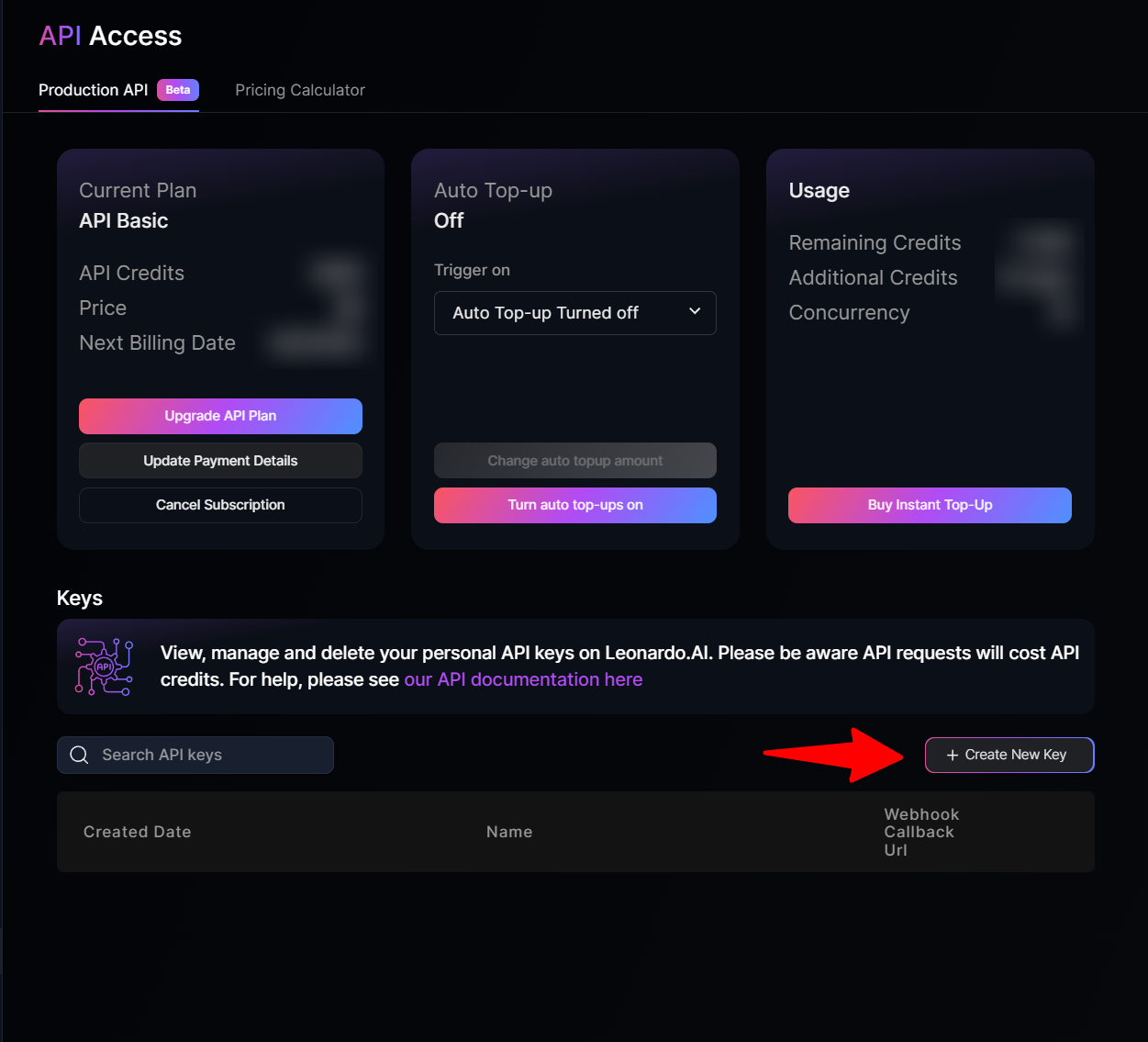 Leonardo.ai API access page
