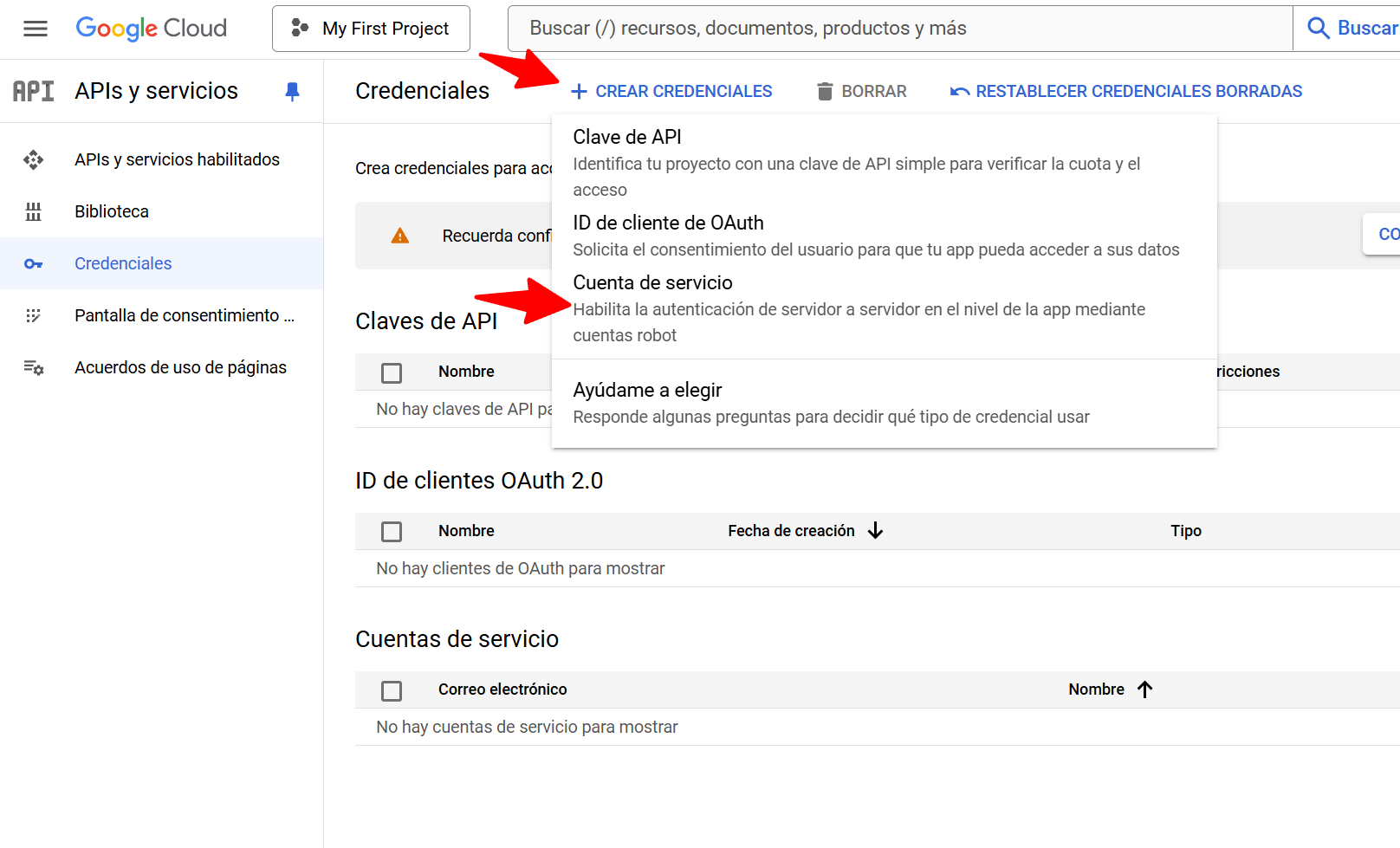Credenciales en APIs y servicios de Google Cloud Console