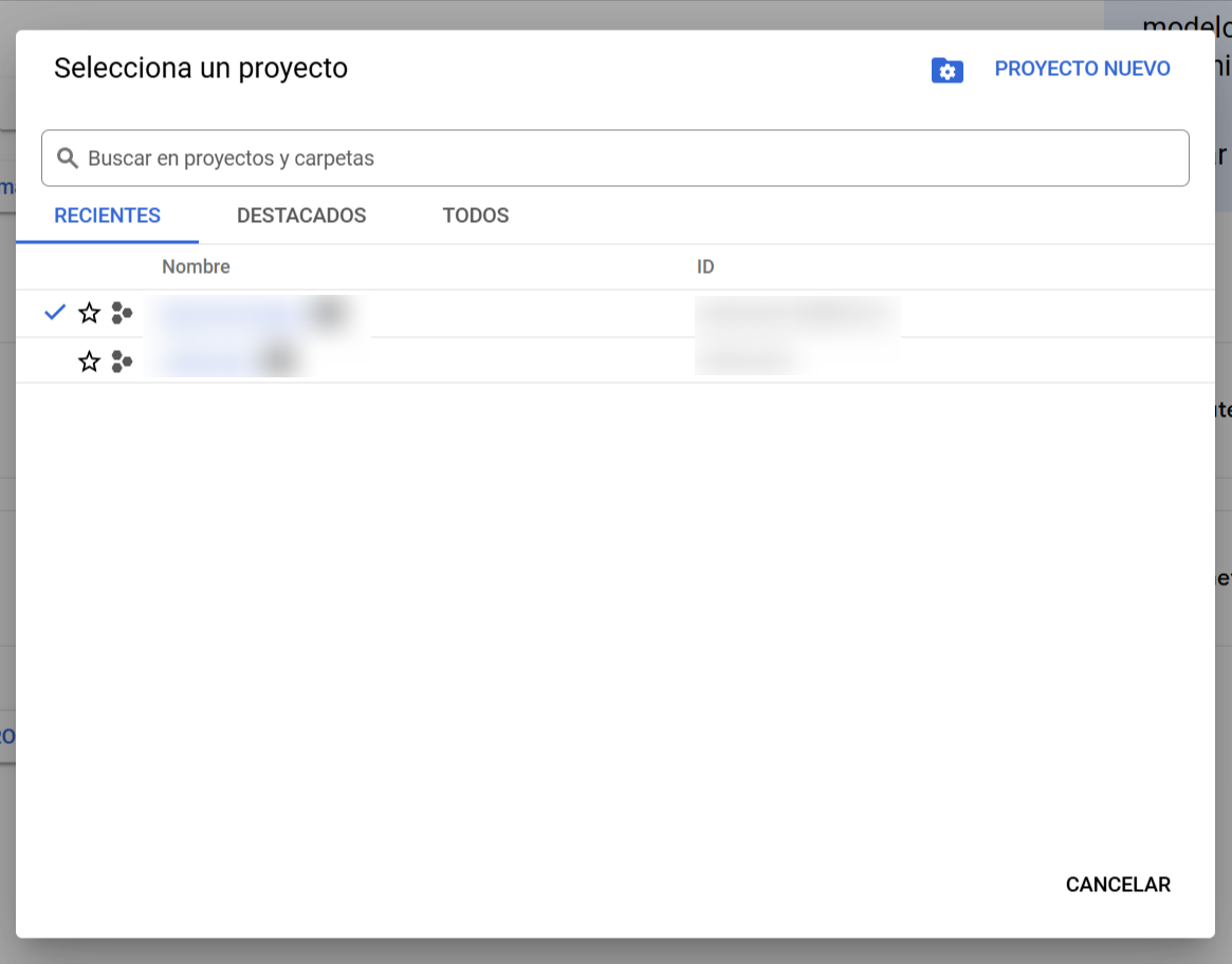 Seleccionar un proyecto en Google Cloud Console