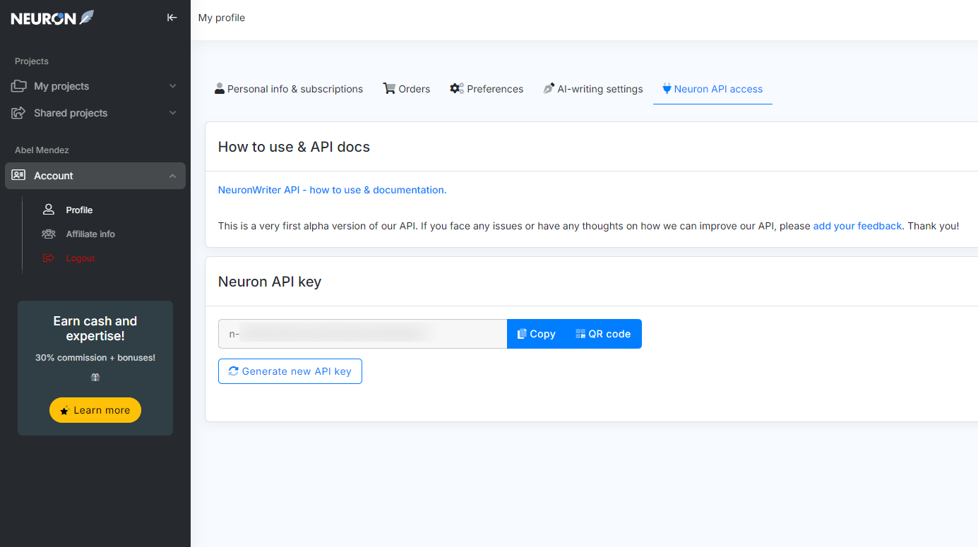 NeuronWriter API Key section