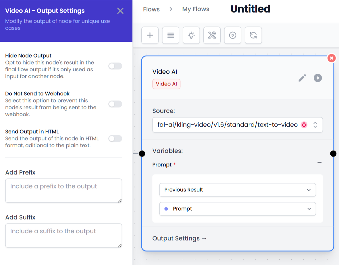 Vista de las Configuraciones de salida en IA de Video
