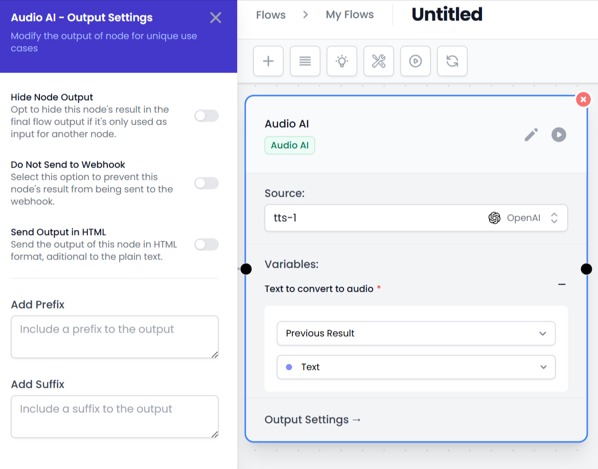 Vista de la sección Output Settings, con opciones básicas de salida para todos los nodos