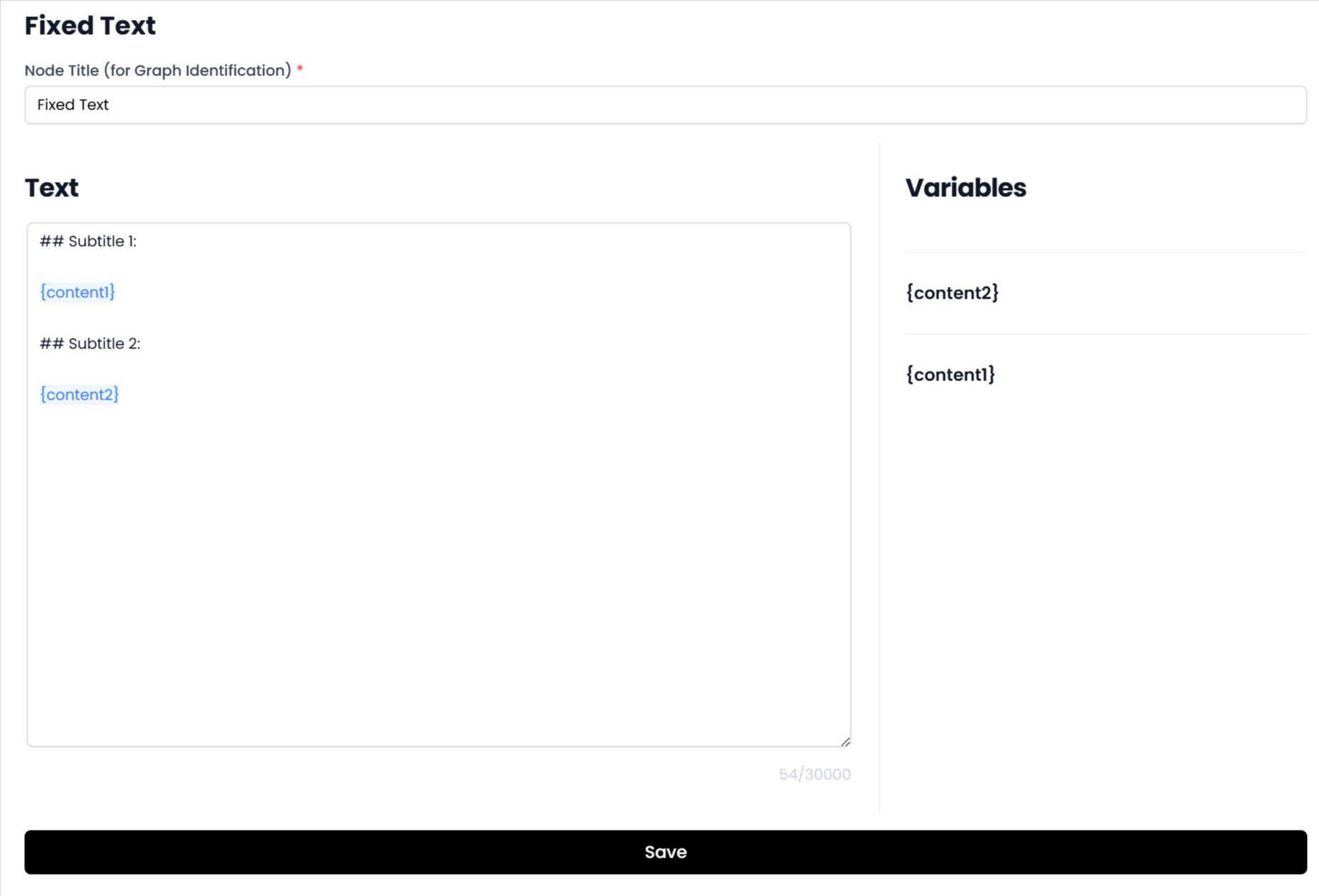 Opciones de configuración del nodo Fixed Text.