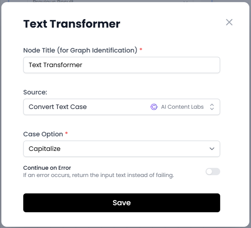 Configuración de otra transformación, cambiando el texto a mayúsculas o capitalizado