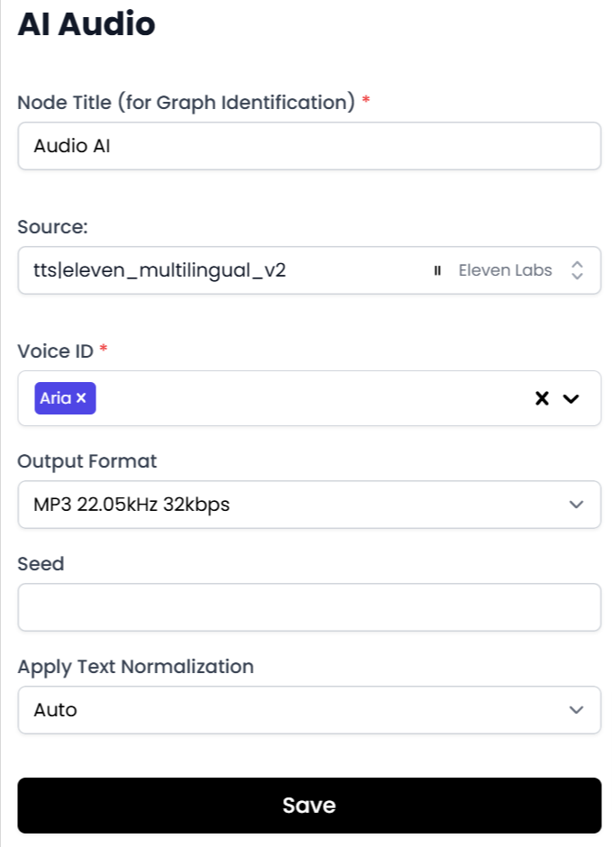 Configuración de un modelo de Eleven Labs en el nodo IA de Audio