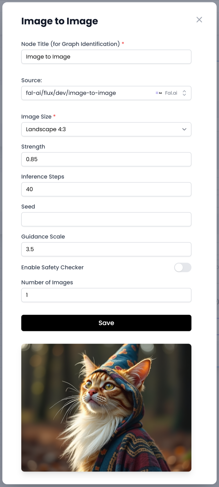 Configuración del nodo para transformación de imagen con Fal.ai