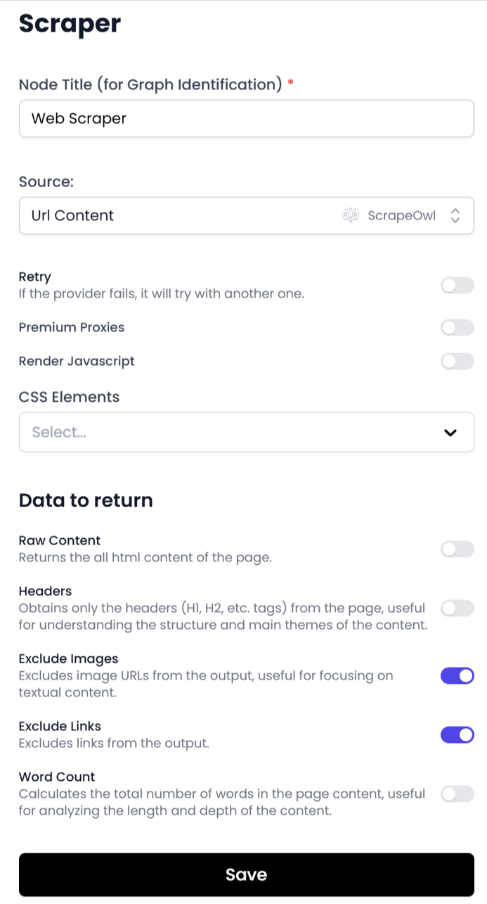 Opciones de configuración del nodo Scraper.