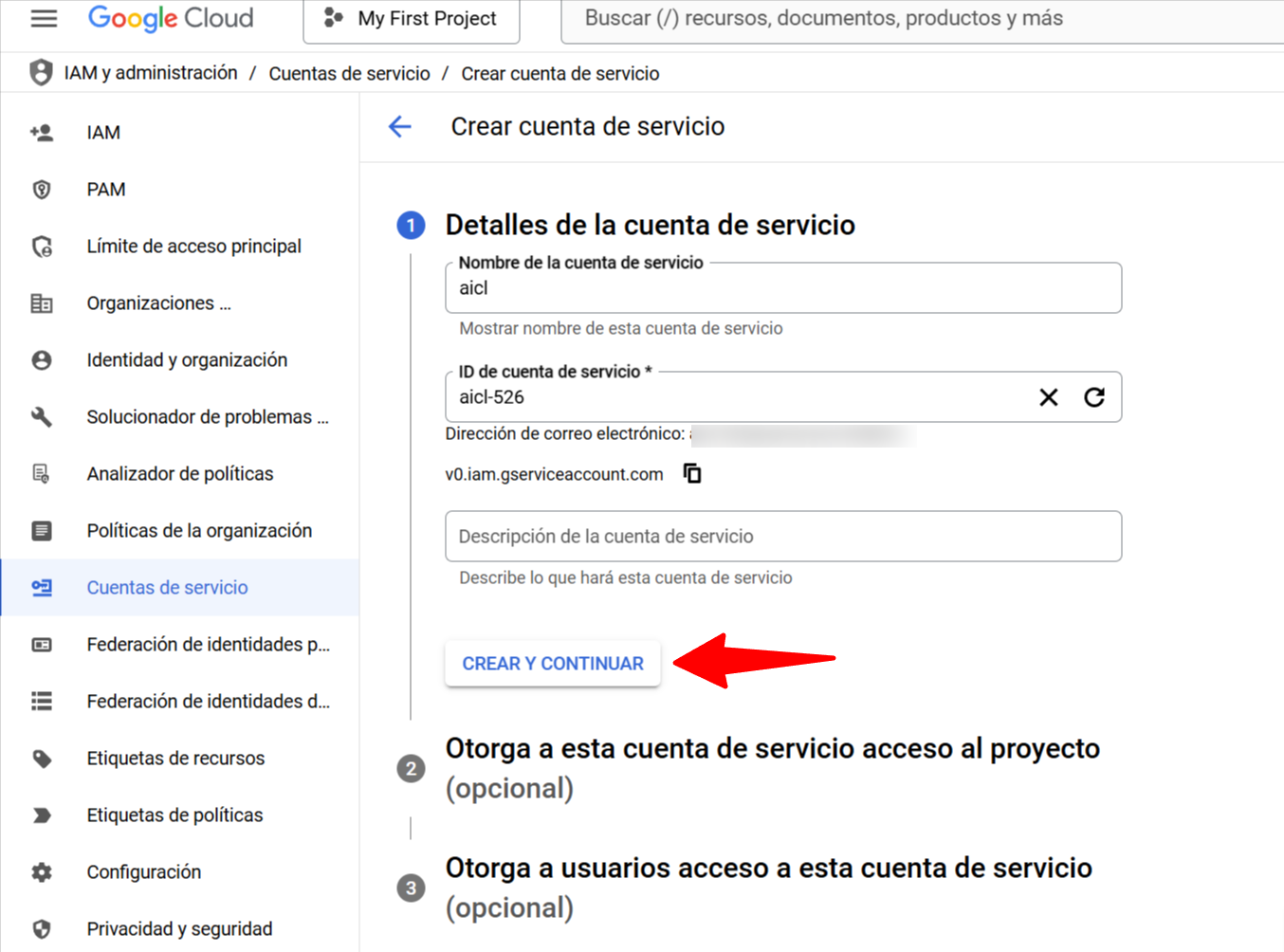 Crear cuenta de servicio en IAM y administración de Google Cloud Console