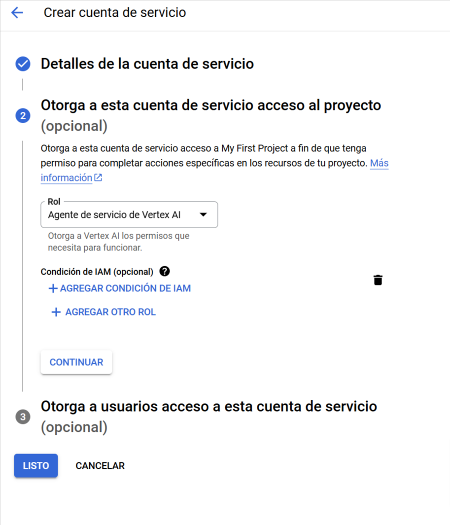 Asignar rol a la cuenta de servicio en Google Cloud Console