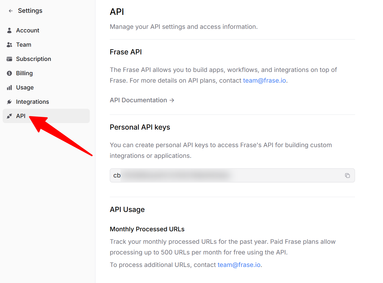 API menu on Frase io