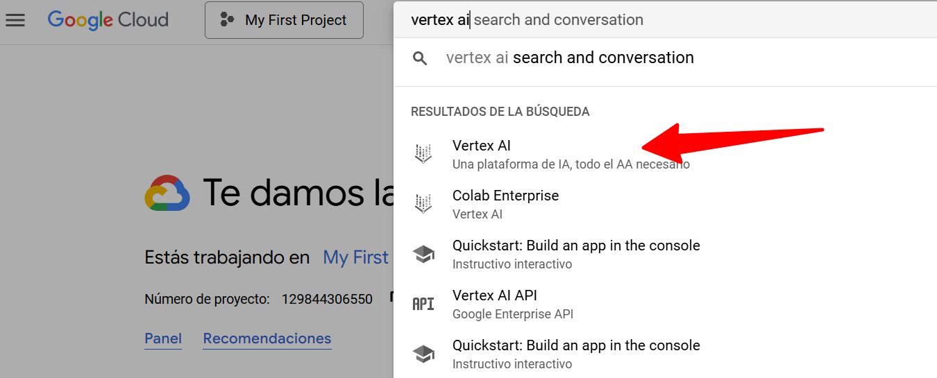 Buscar Vertex AI en Google Cloud Console
