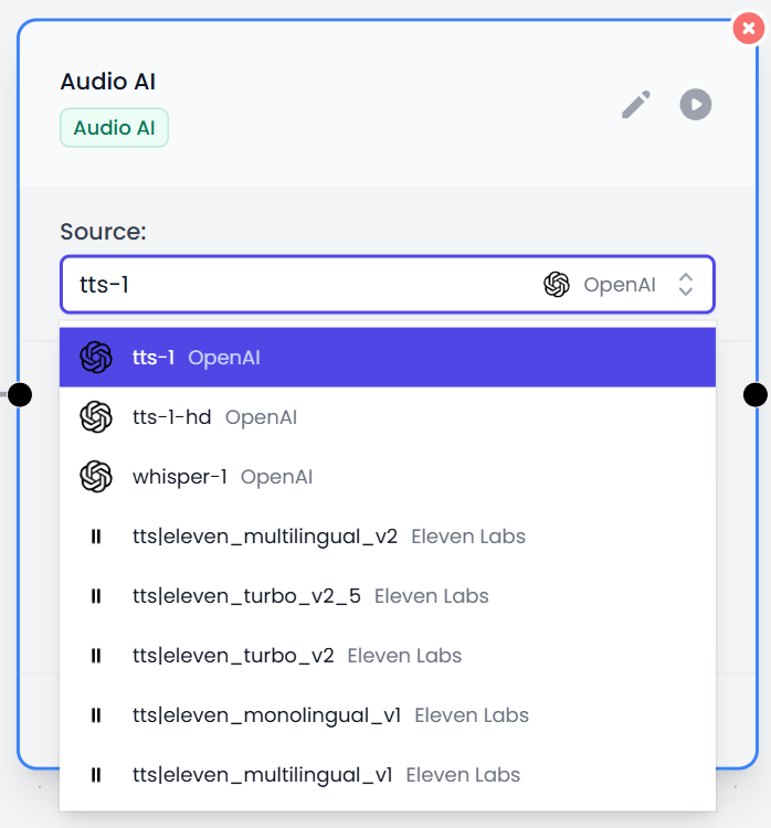 Lista de modelos disponibles en el nodo IA de Audio