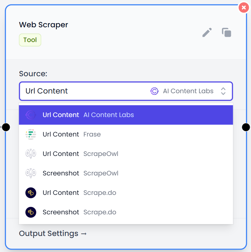 Lista de proveedores y opciones de scraping.