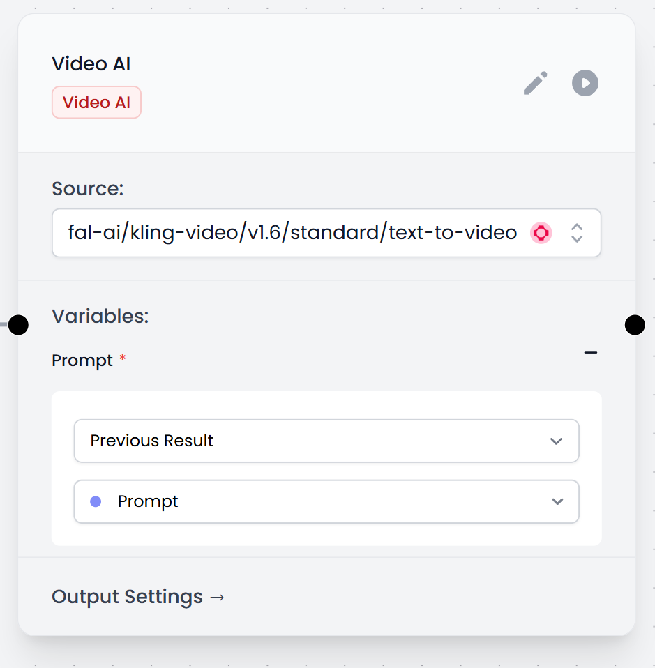 Vista general del nodo IA de Video con un menú de configuración