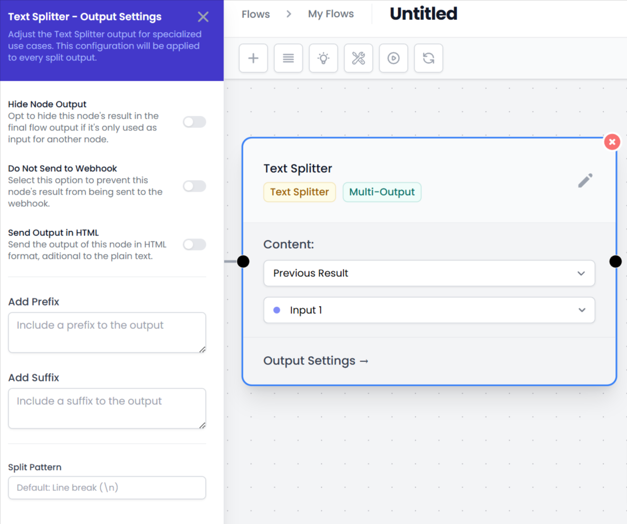 Text Splitter output options on the platform