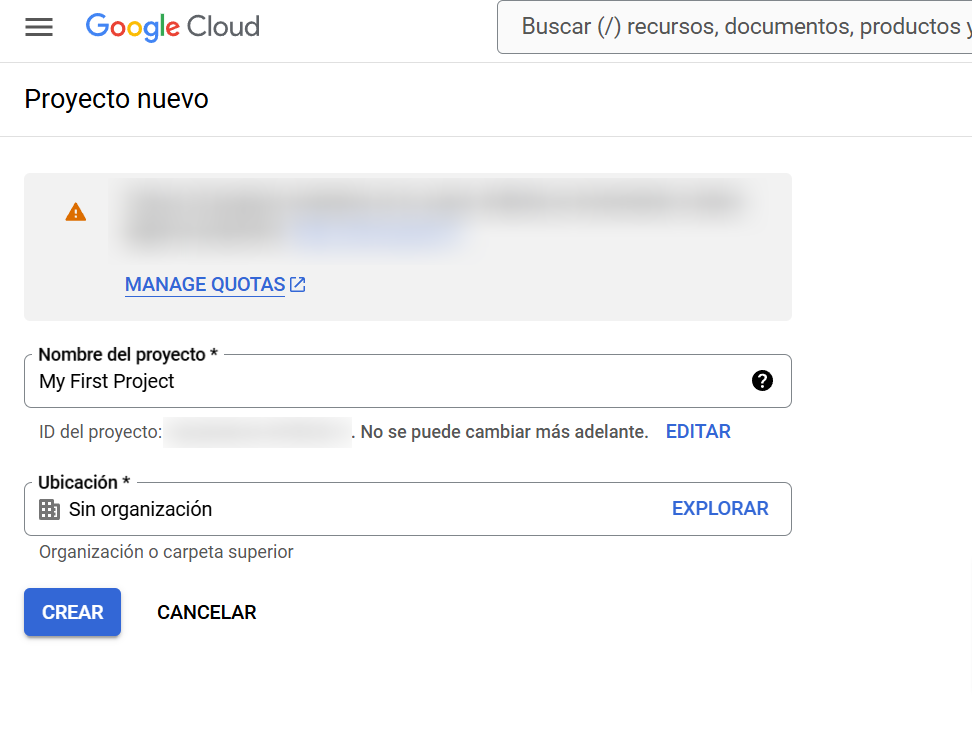 Crear nuevo proyecto Google Cloud Console
