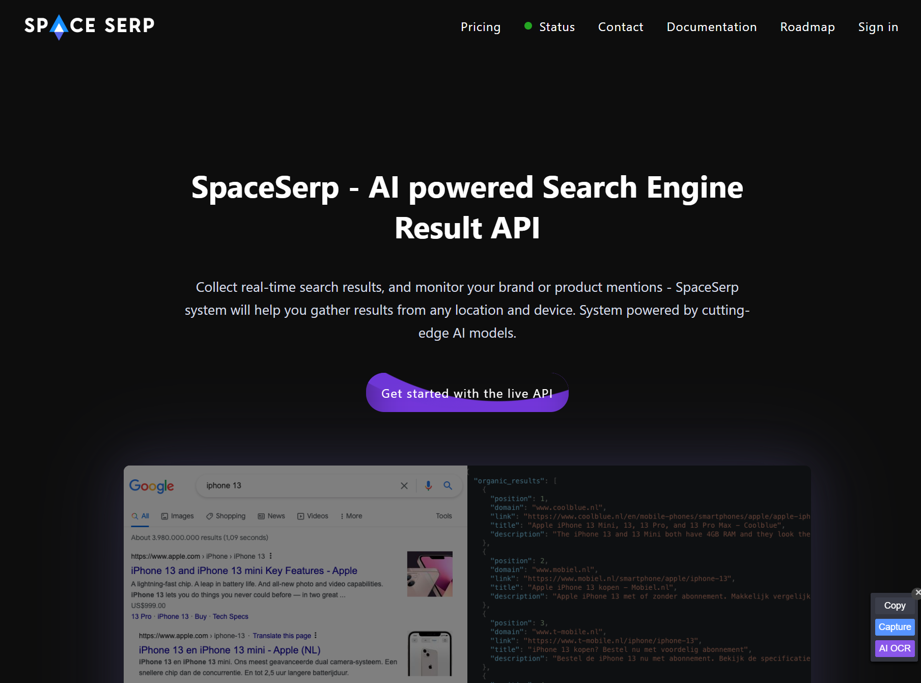 Landing page de SpaceSerp