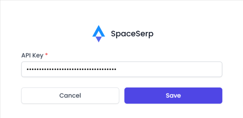 Formulario de configuración de la API Key de SpaceSerp en AI Content Labs