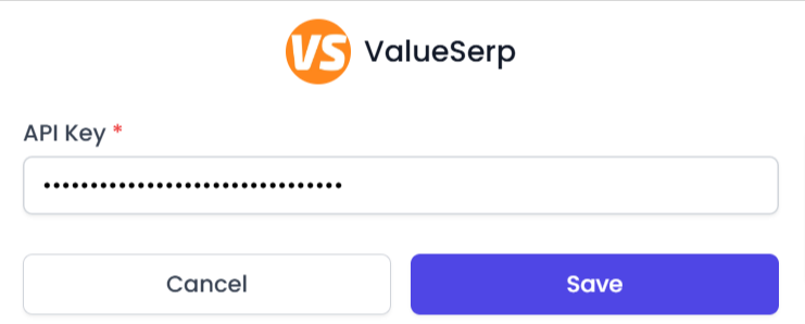 ValueSerp API Key configuration form in AI Content Labs