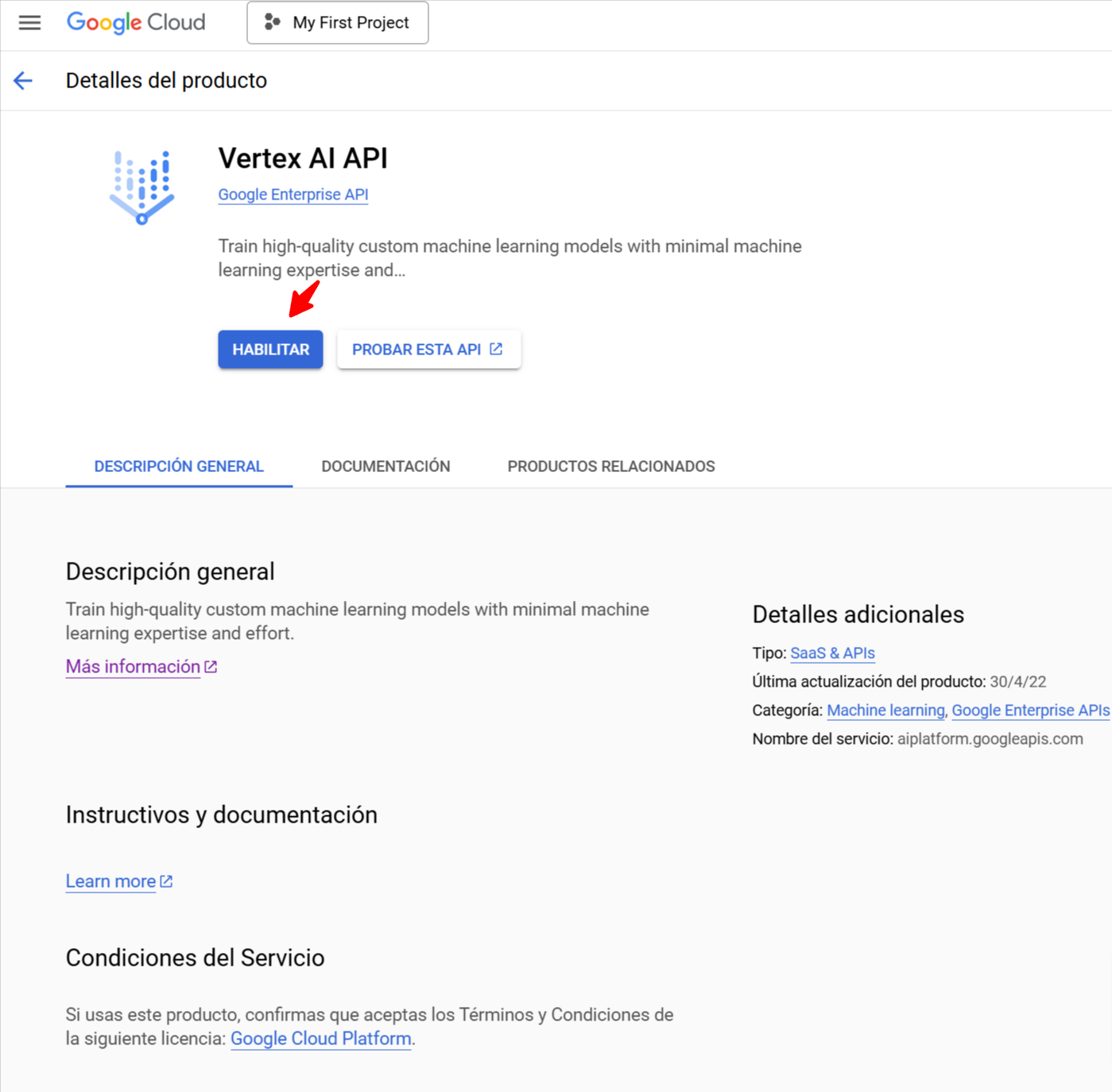 Vertex AI API en Google Cloud Marketplace