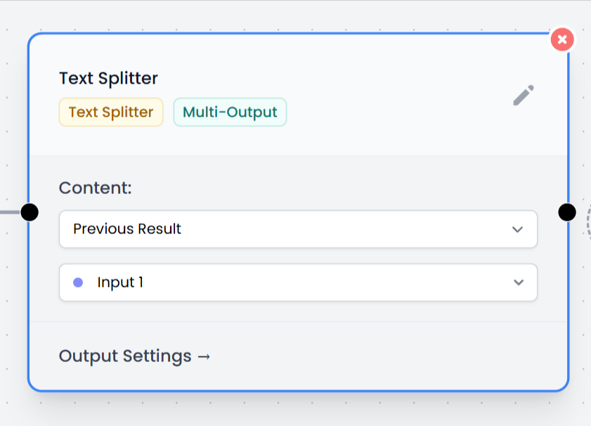 View of the Text Splitter node in the flow diagram