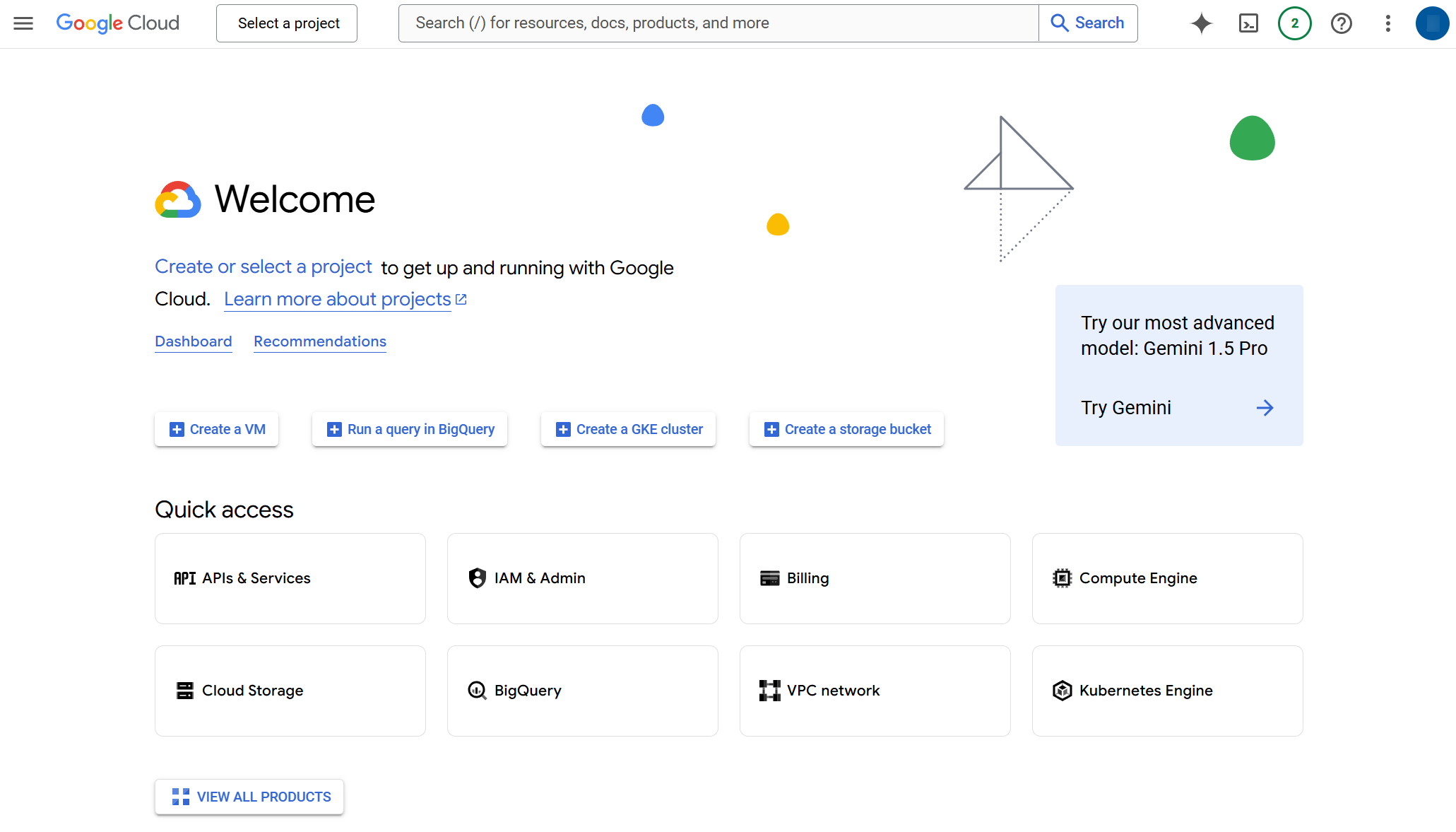 Página de bienvenida de Google Cloud Console