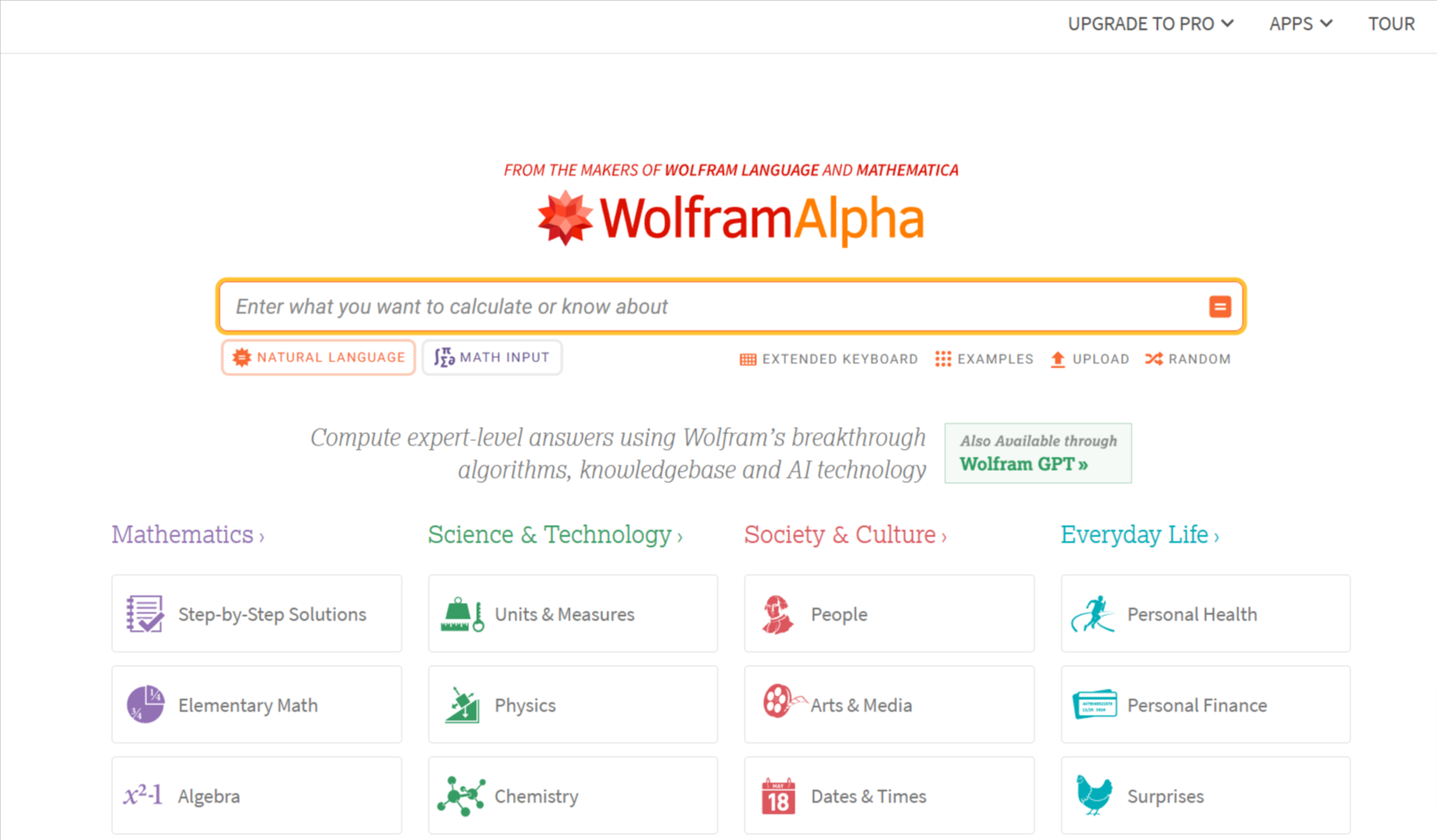 WolframAlpha Homepage