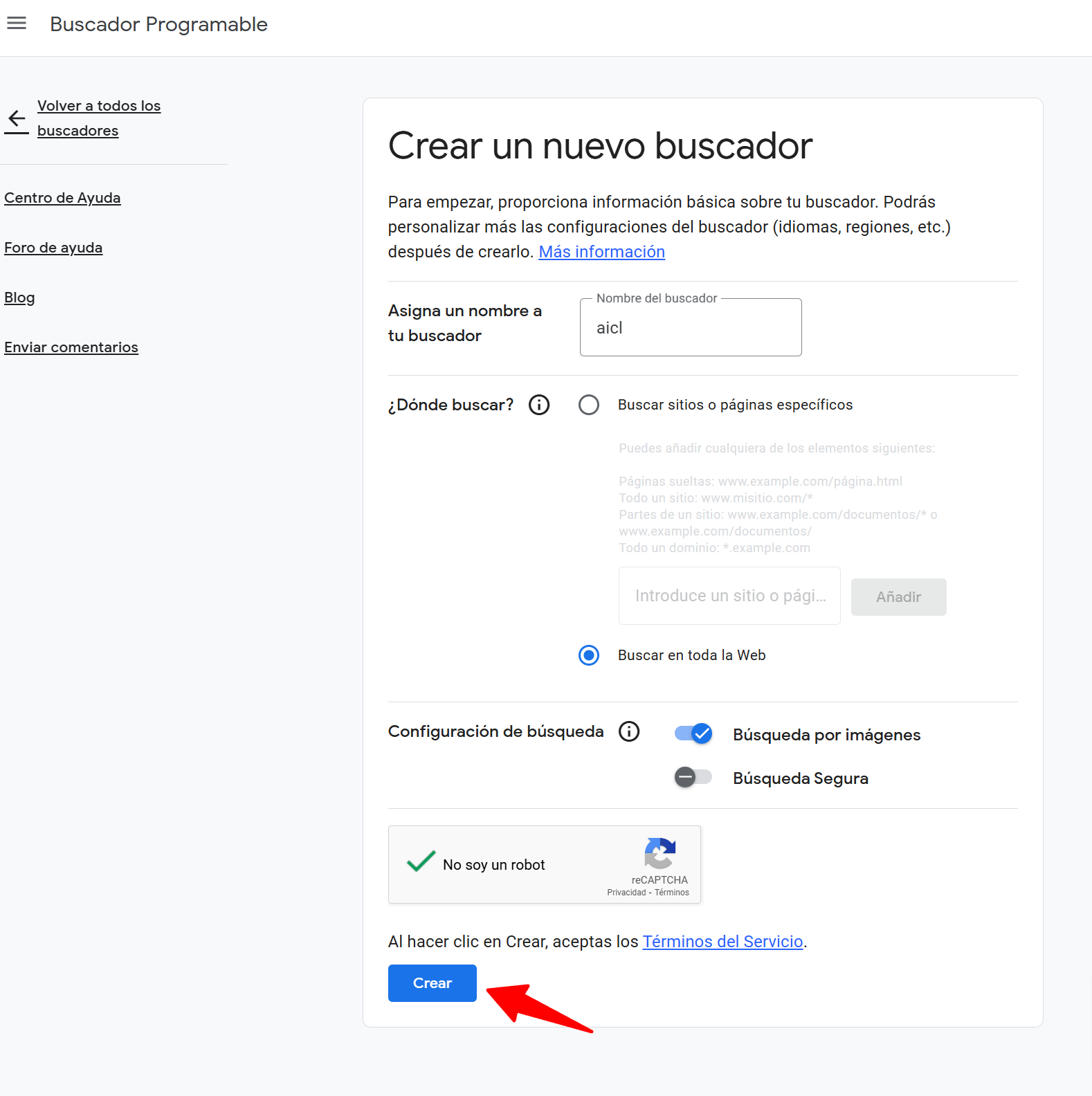 Creación de un nuevo buscador en Google Programmable Search Engine