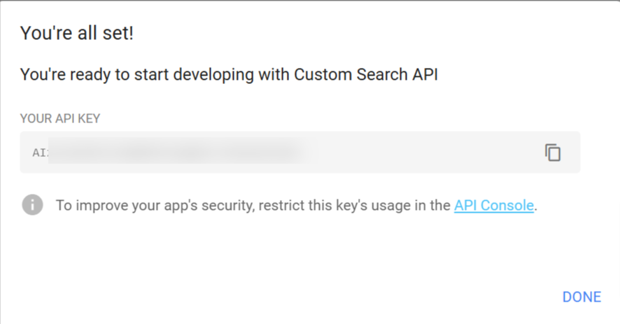 Ventana para habilitar la API de Google Custom Search