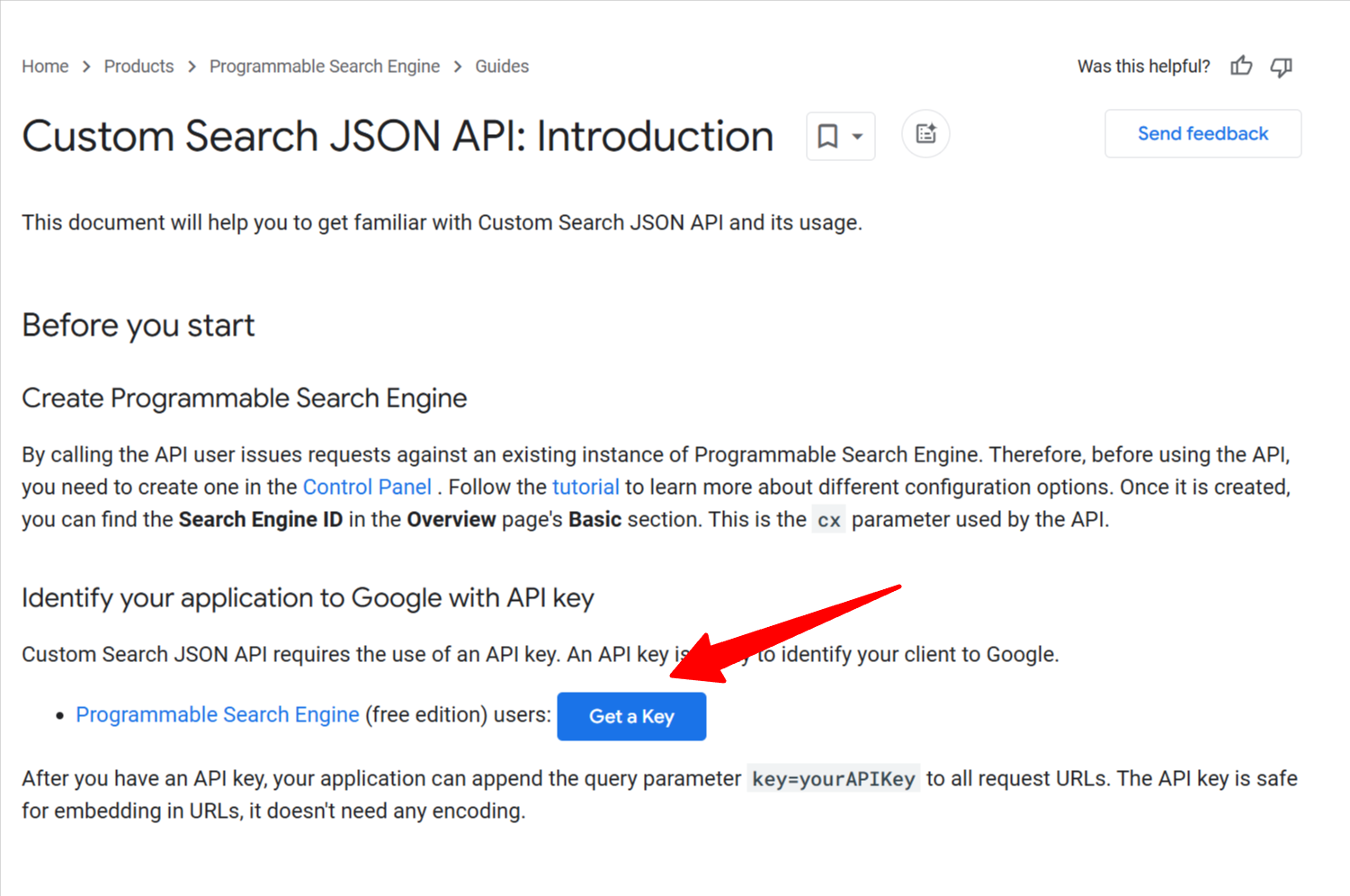 Página de la API de Google Custom Search
