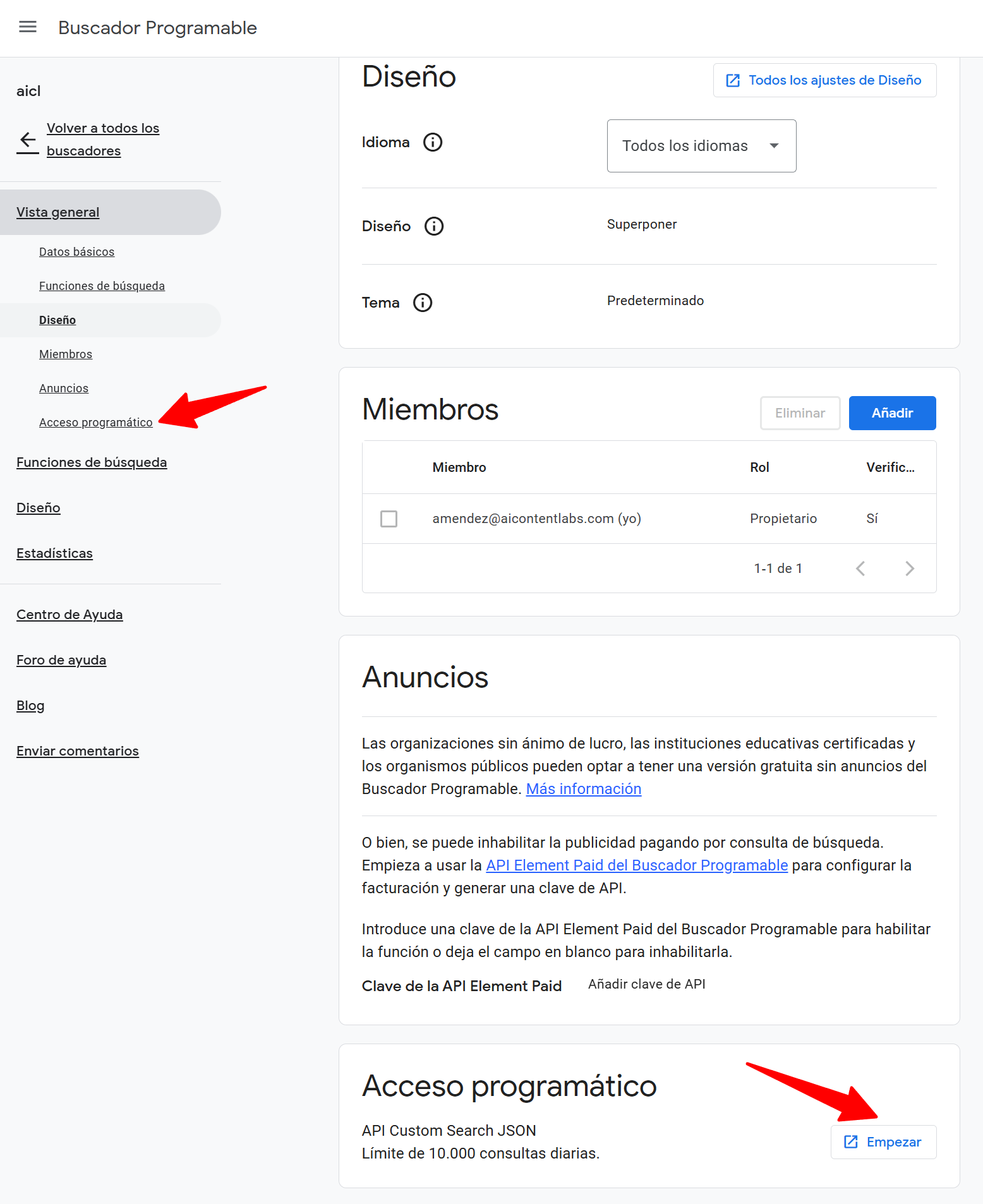 Vista general con el Engine ID resaltado en Google Programmable Search Engine