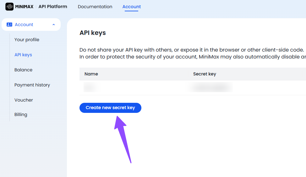 Sección de API Keys en Minimax