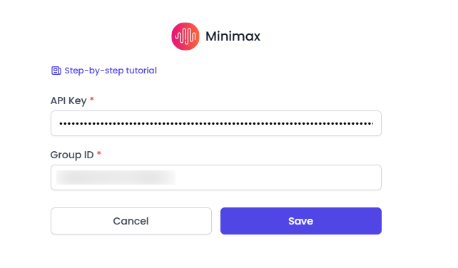 Formulario de configuración de Minimax en AI Content Labs